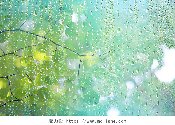 玻璃窗上的水滴夏季雨湿玻璃/抽象背景景观在雨天窗外模糊背景